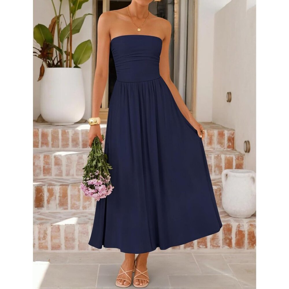 Women's Navy Summer Sleeveless 2026 Strapless Ruched A Line Flowy Midi Dress - Picture 2 of 7